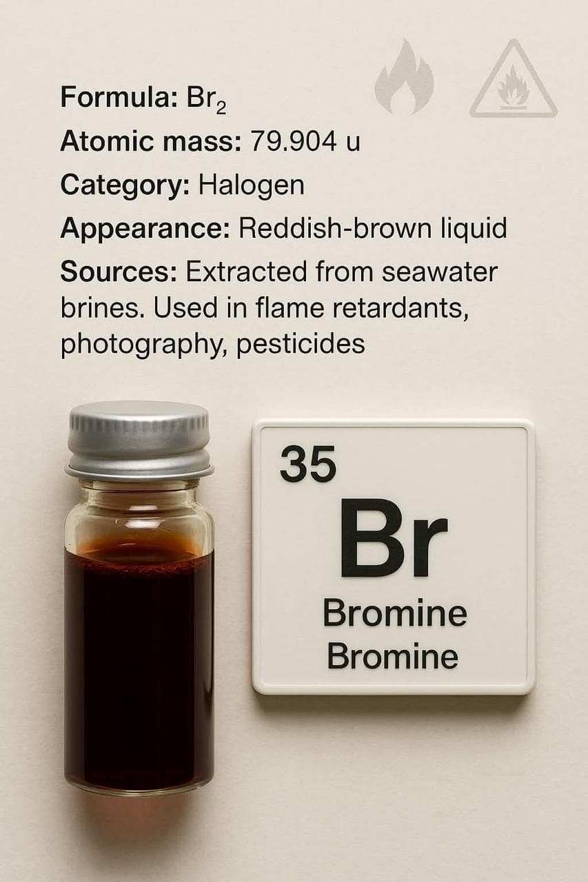 Liquid bromine sample bottle beside a periodic table element card for bromine (Br, atomic number 35)